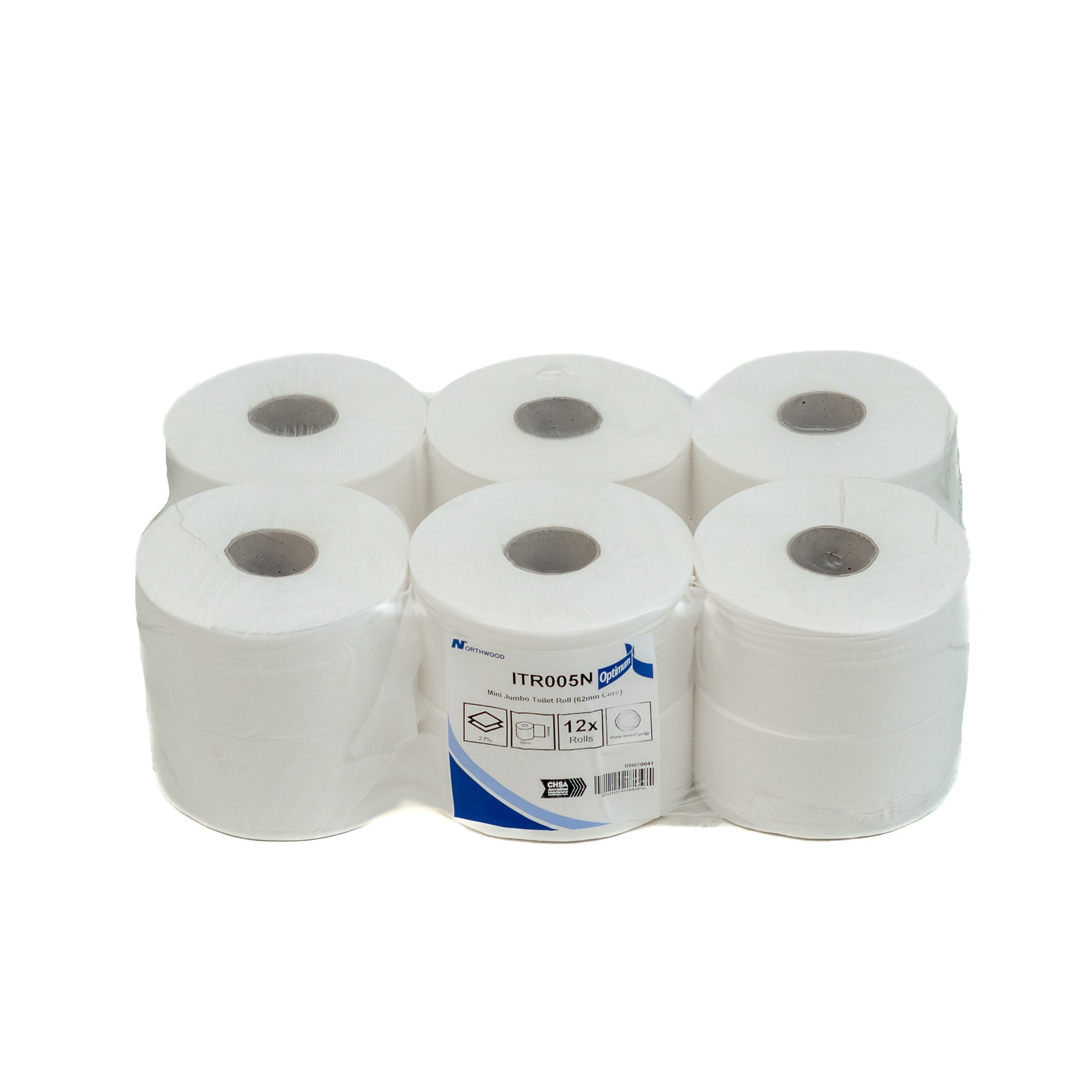 Wrapped pack of mini jumbo 2 ply toilet rolls for professional and industrial washrooms
