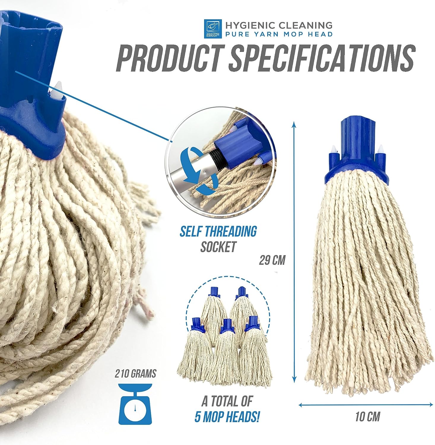 Product specification graphic for 150g cotton string mop replacement heads