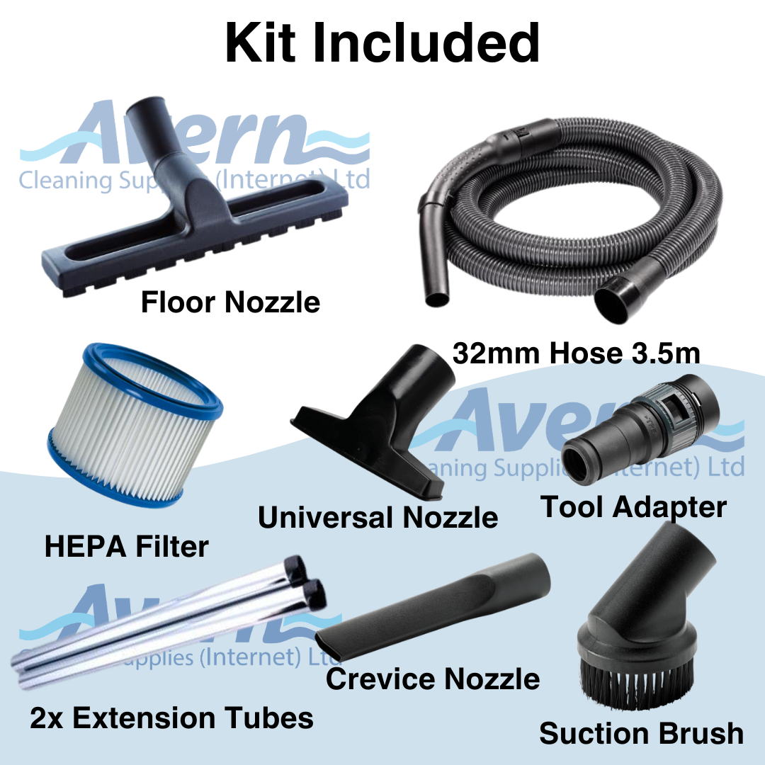 Accessory kit for Nilfisk AERO 26-21 including hoses, tubes and nozzles