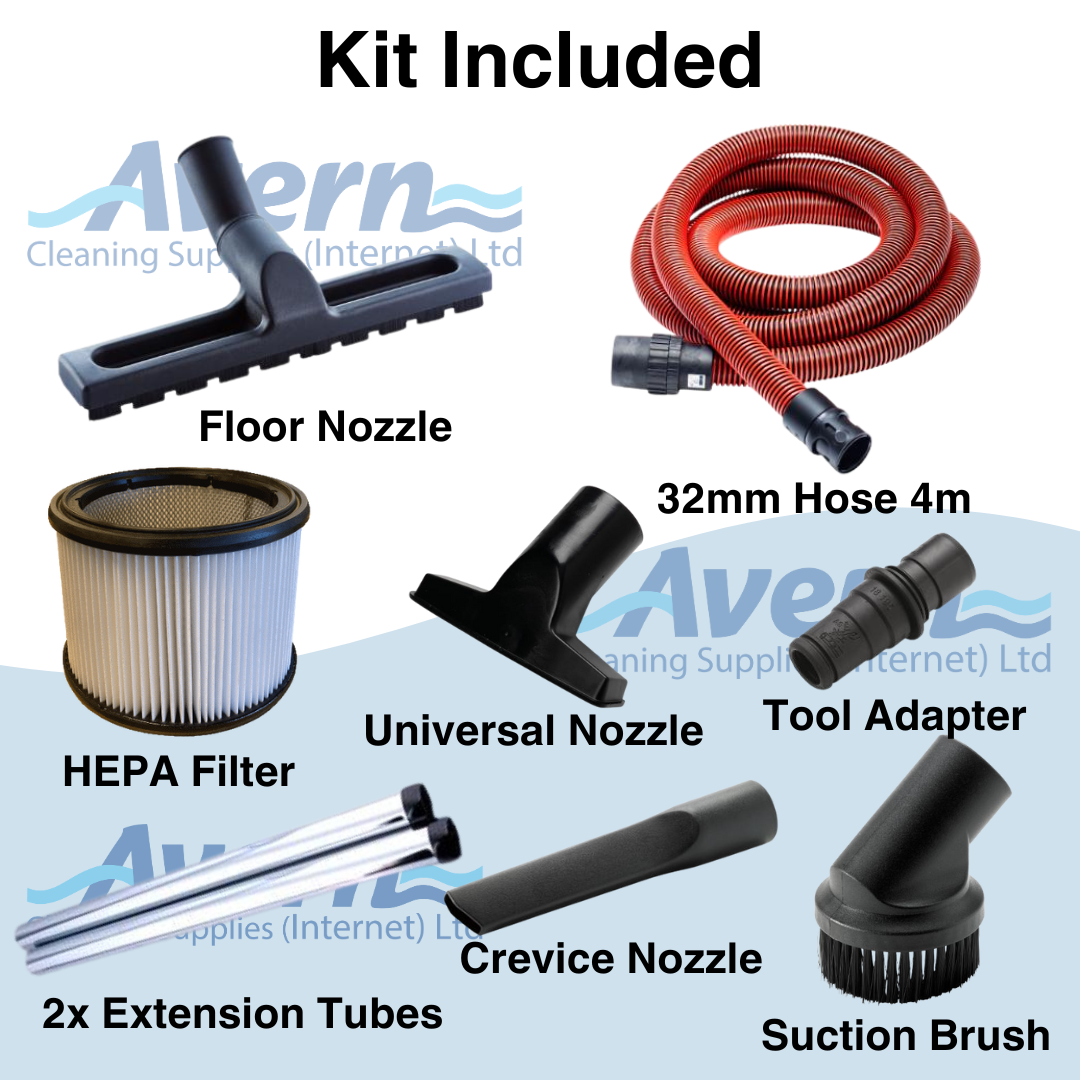 Accessory kit for Nilfisk Aero 26-2H including hoses, nozzles, extension tubes, and HEPA filter