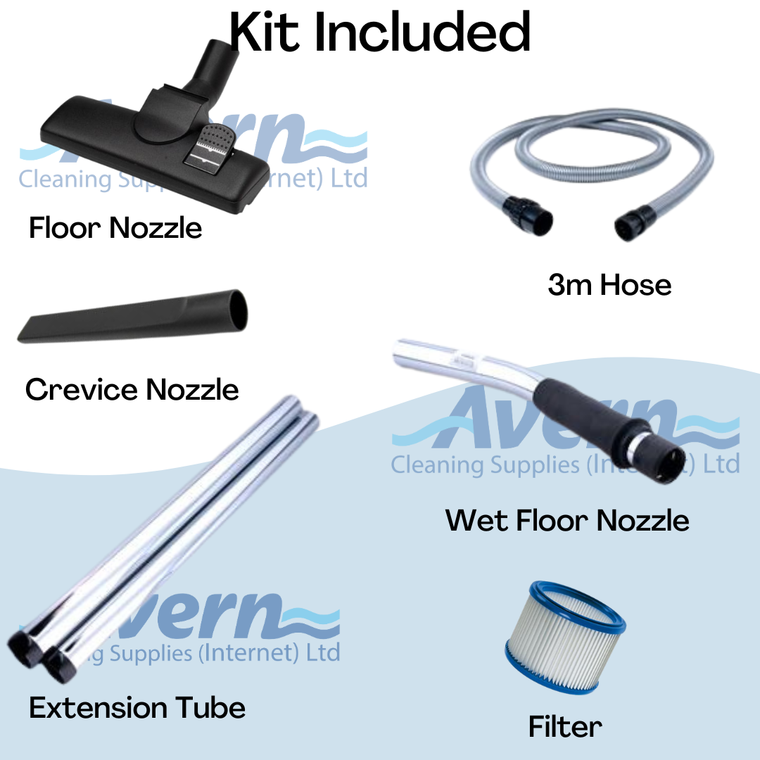 Accessory kit included with the Nilfisk Attix 30-01 PC showing nozzles, tubes and hose