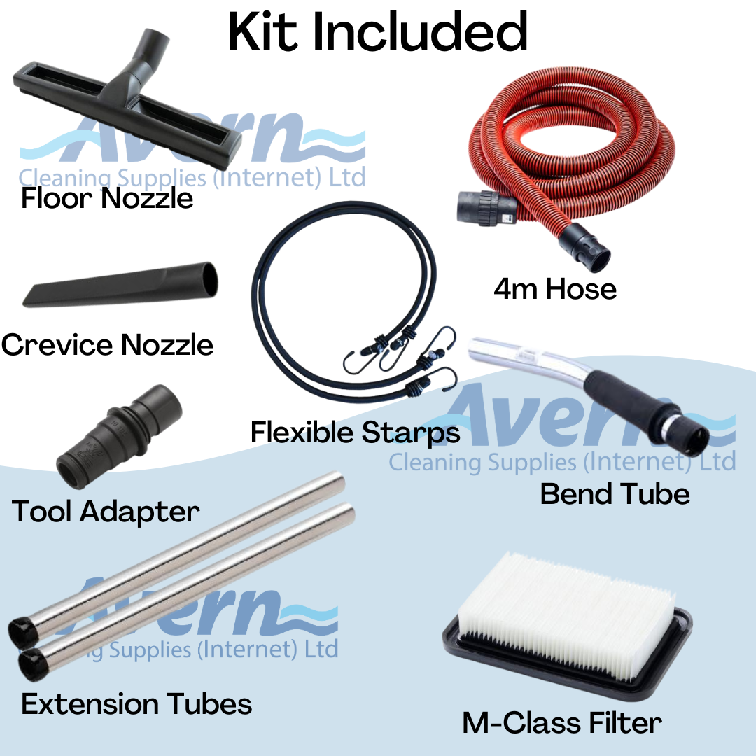 Nilfisk Attix 33-2M PC accessory kit including hose, suction tubes, power tool adapter and floor nozzles