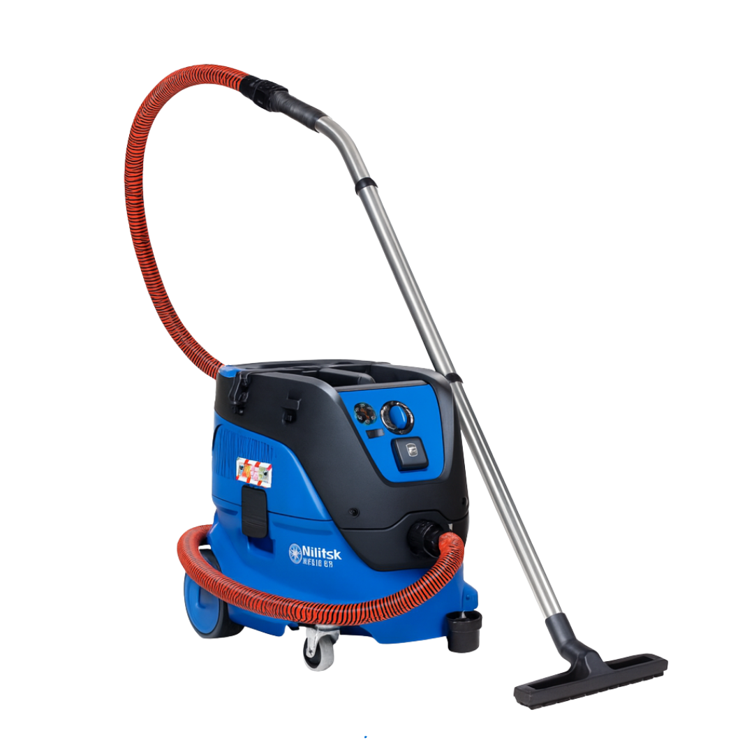 Nilfisk Attix 33-2M PC M-Class dust vacuum with red antistatic hose, HEPA filtration, and 1200W motor