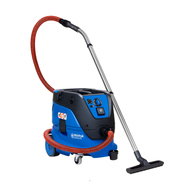 Nilfisk Attix 33-2M PC M-Class dust vacuum with red antistatic hose, HEPA filtration, and 1200W motor