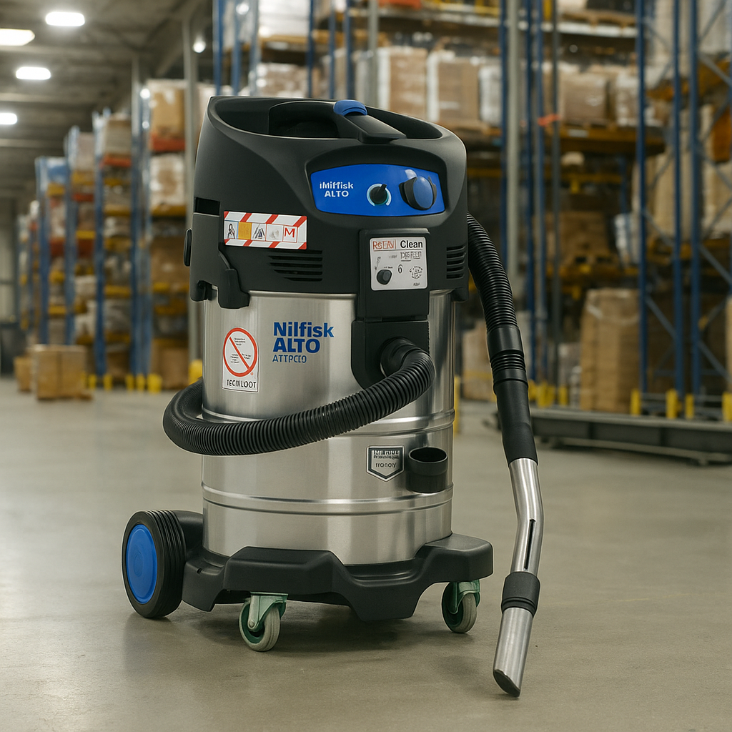 Nilfisk ATTIX Type22 ATEX vacuum cleaner being used in industrial or warehouse environment