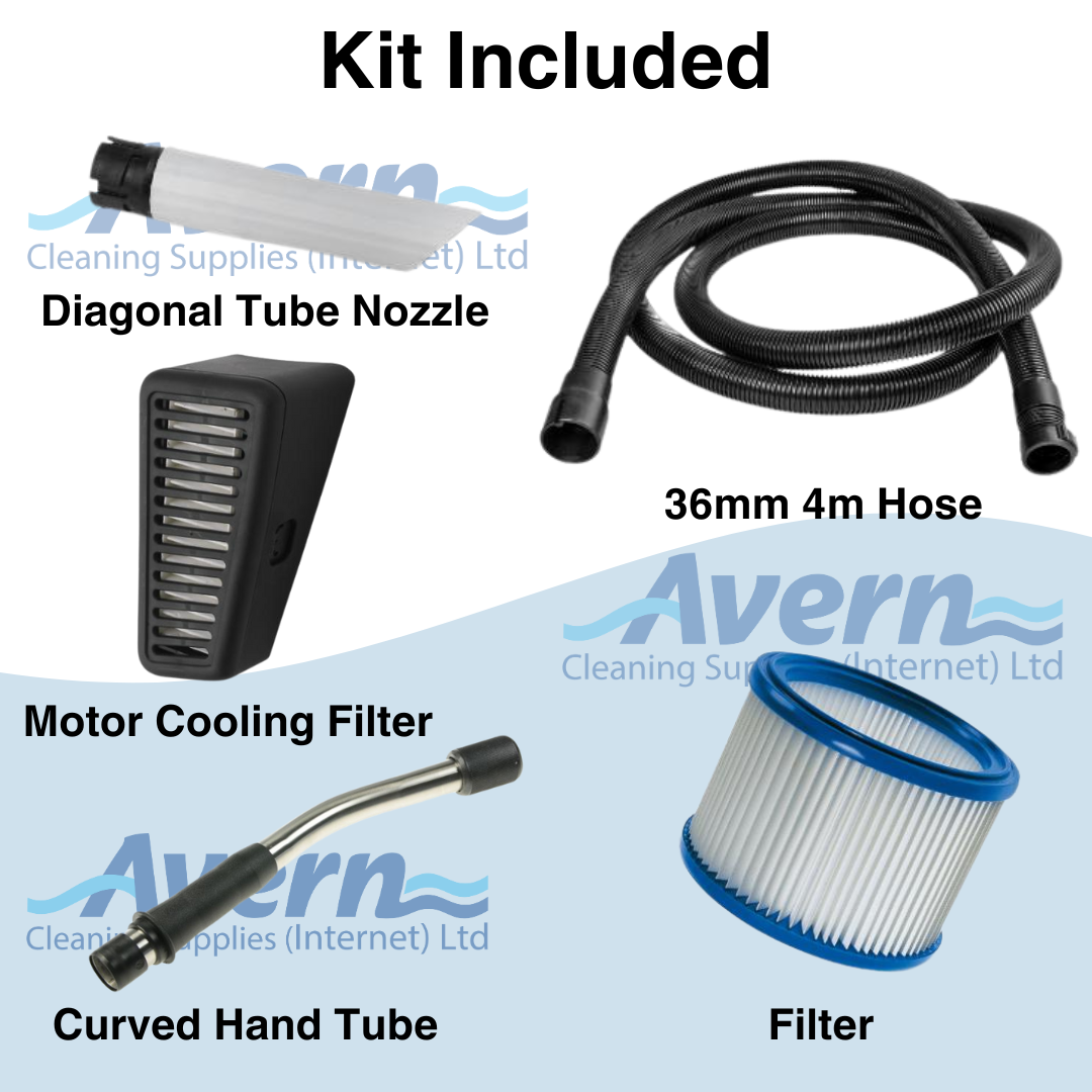 Nilfisk ATTIX 40-0M PC Type22 vacuum cleaner accessories including hose, nozzle set, and filters