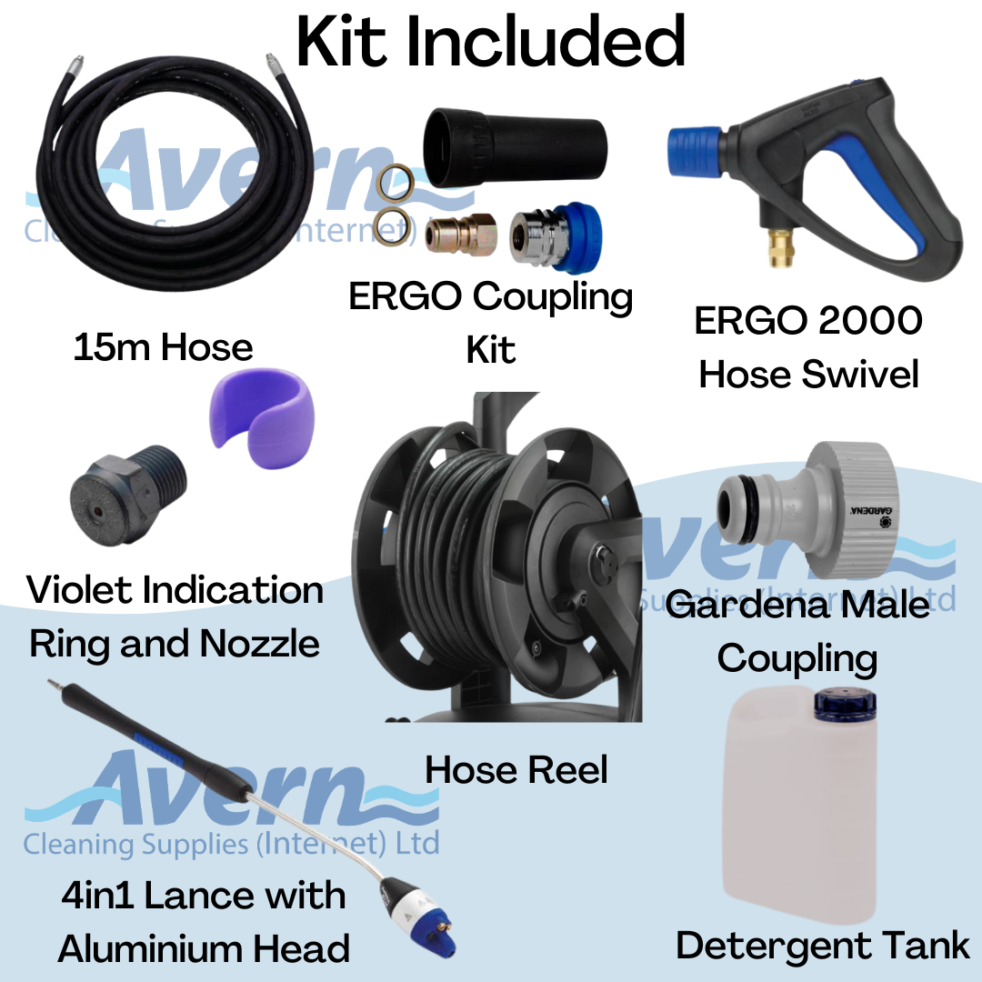 Nilfisk MC3C accessory kit including trigger gun, lance, high-pressure hose, and detergent injector