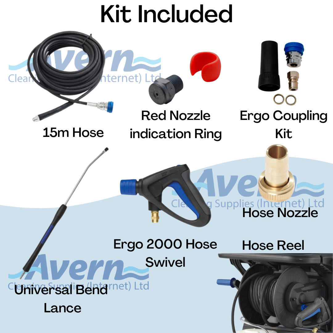 Accessory kit for Nilfisk MH3C including trigger gun, lance, nozzles, and high-pressure hose