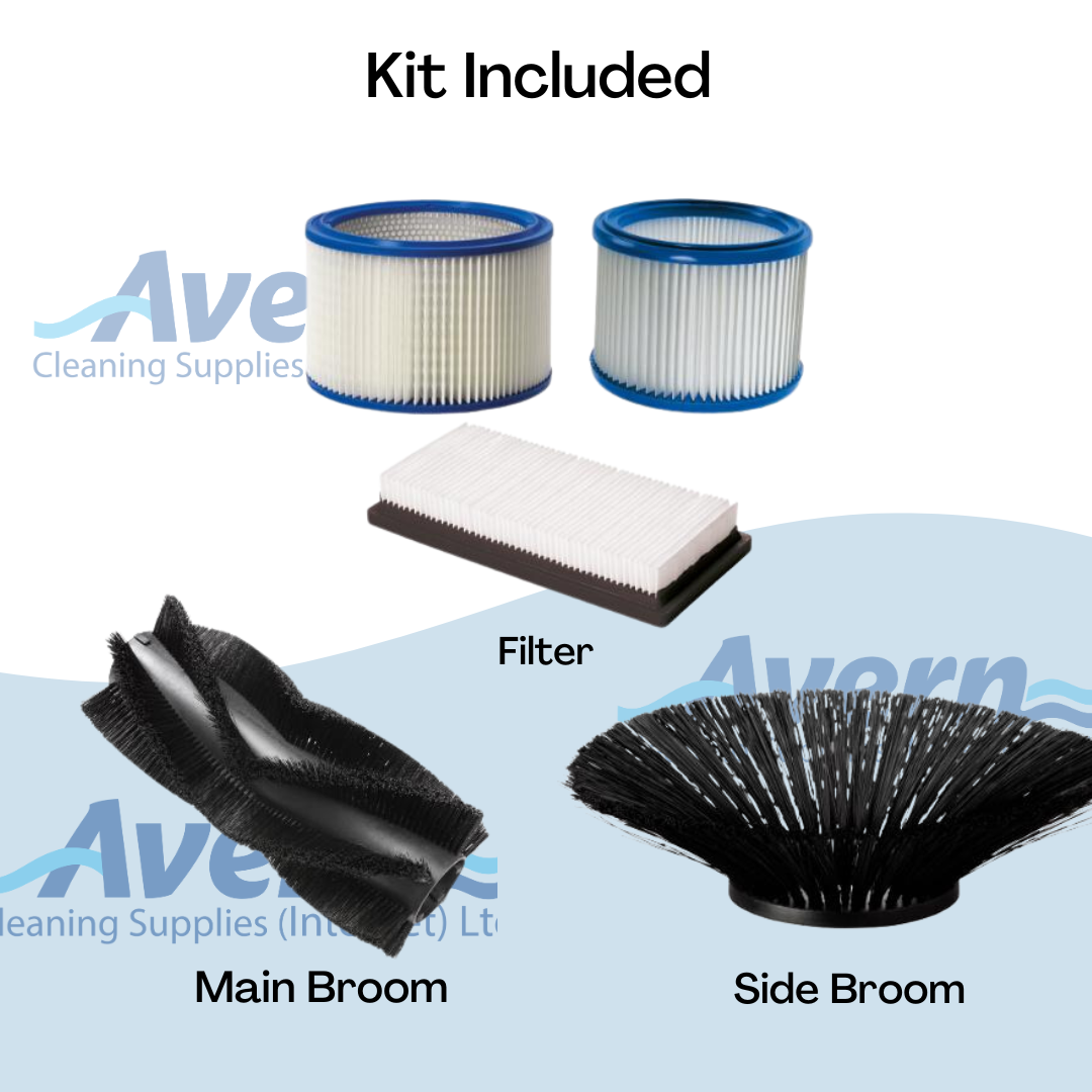 Nilfisk SW250 floor sweeper accessories including main broom, side brushes, and dust filter