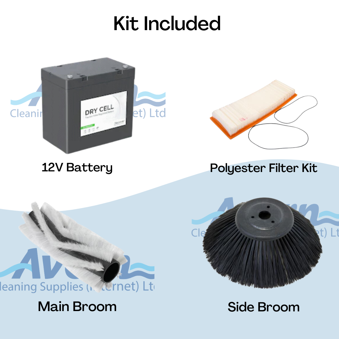 Nilfisk SW750 sweeper accessories including battery, charger, side brush, and main broom