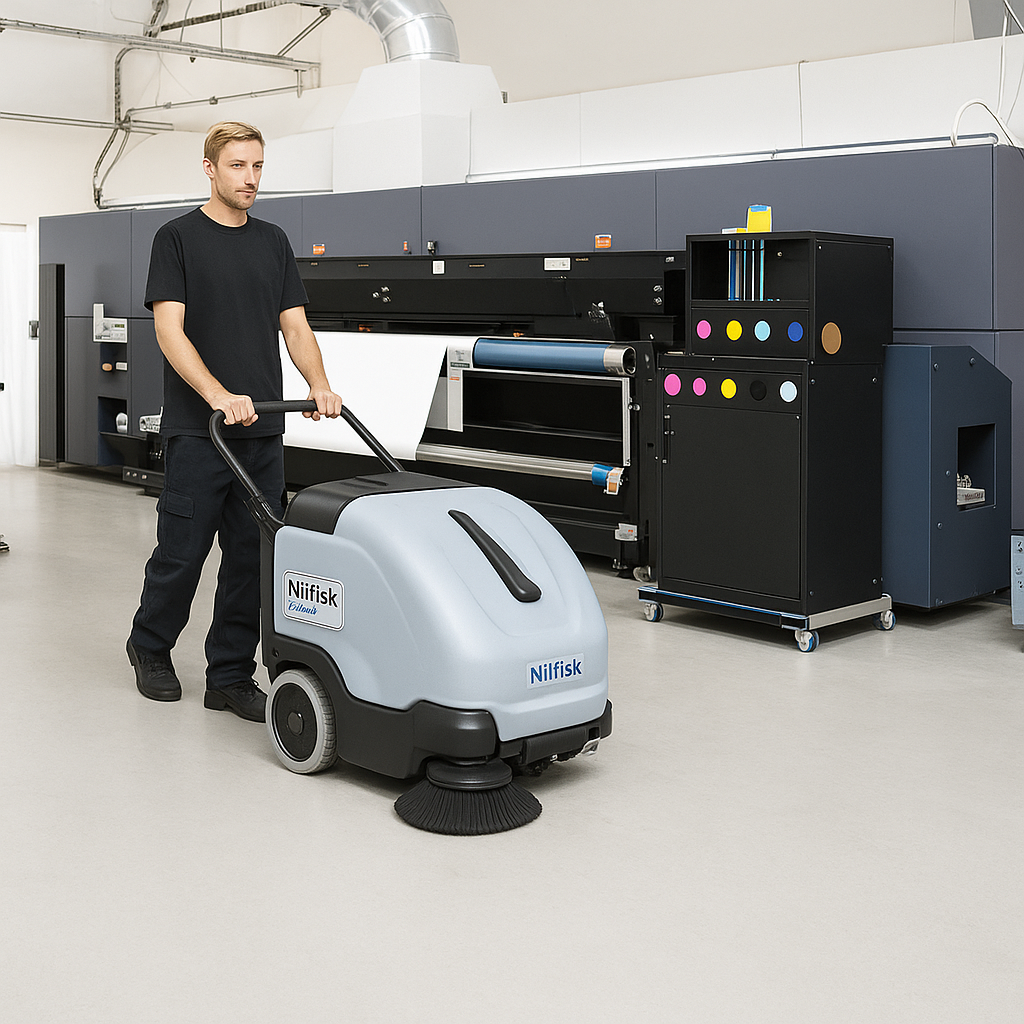 Person pushing a Nilfisk cleaning machine in a warehouse setting with large printing equipment.