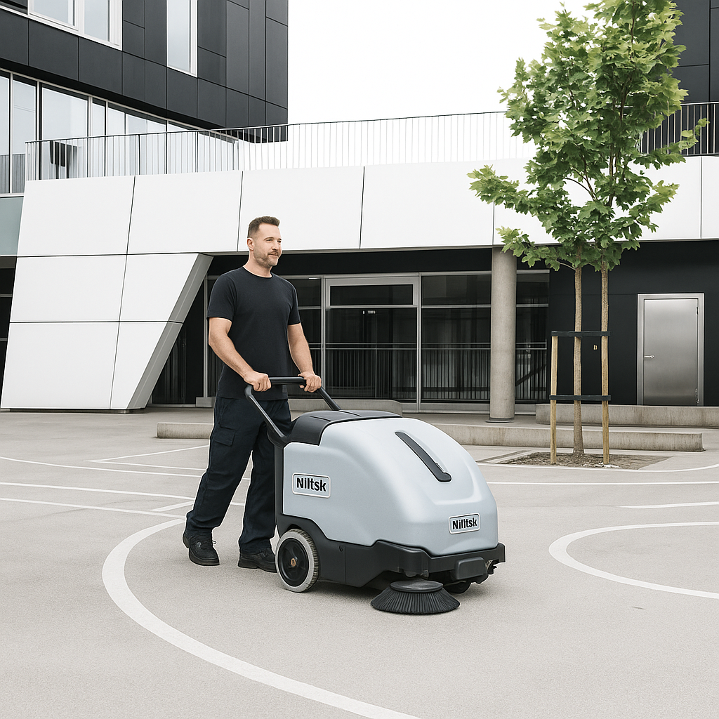 Nilfisk SW900 battery sweeper cleaning large outdoor car park or industrial area