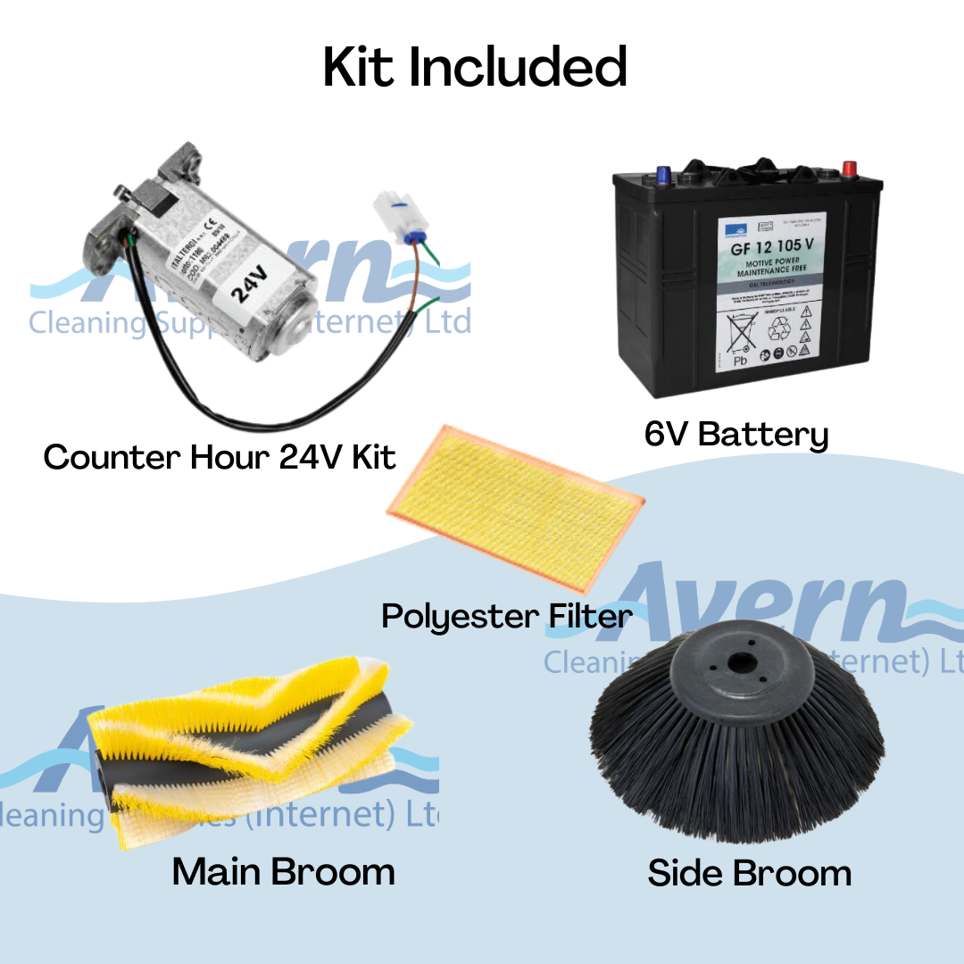 Nilfisk SW900 sweeper accessories including charger, brushes, and waste collection container