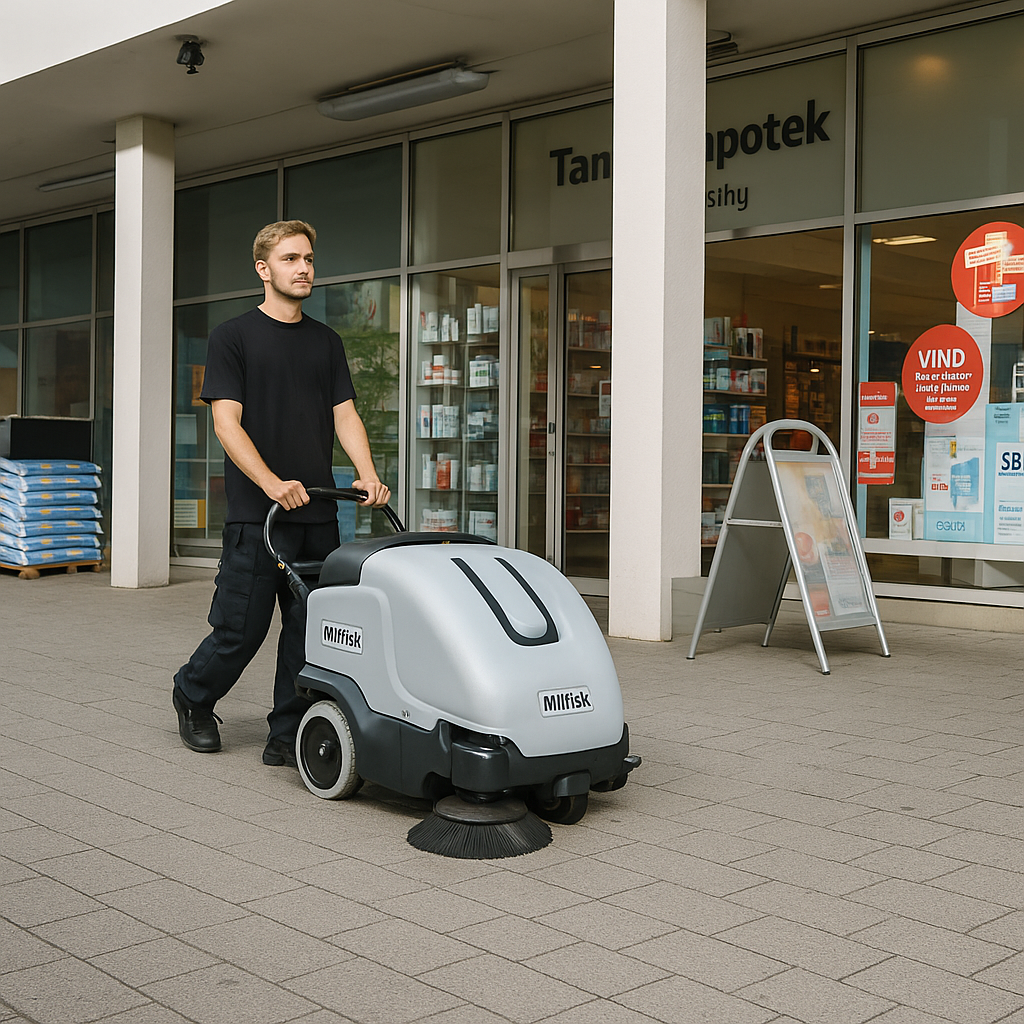 Operator using Nilfisk SW900 industrial sweeper for outdoor and large surface cleaning