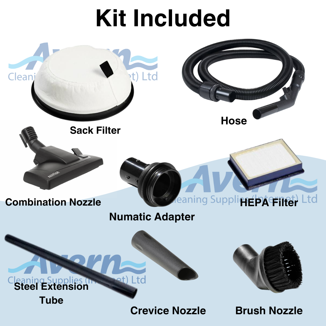 Nilfisk VP300 vacuum accessory kit including hose, wands, floor tool, and professional cleaning attachments