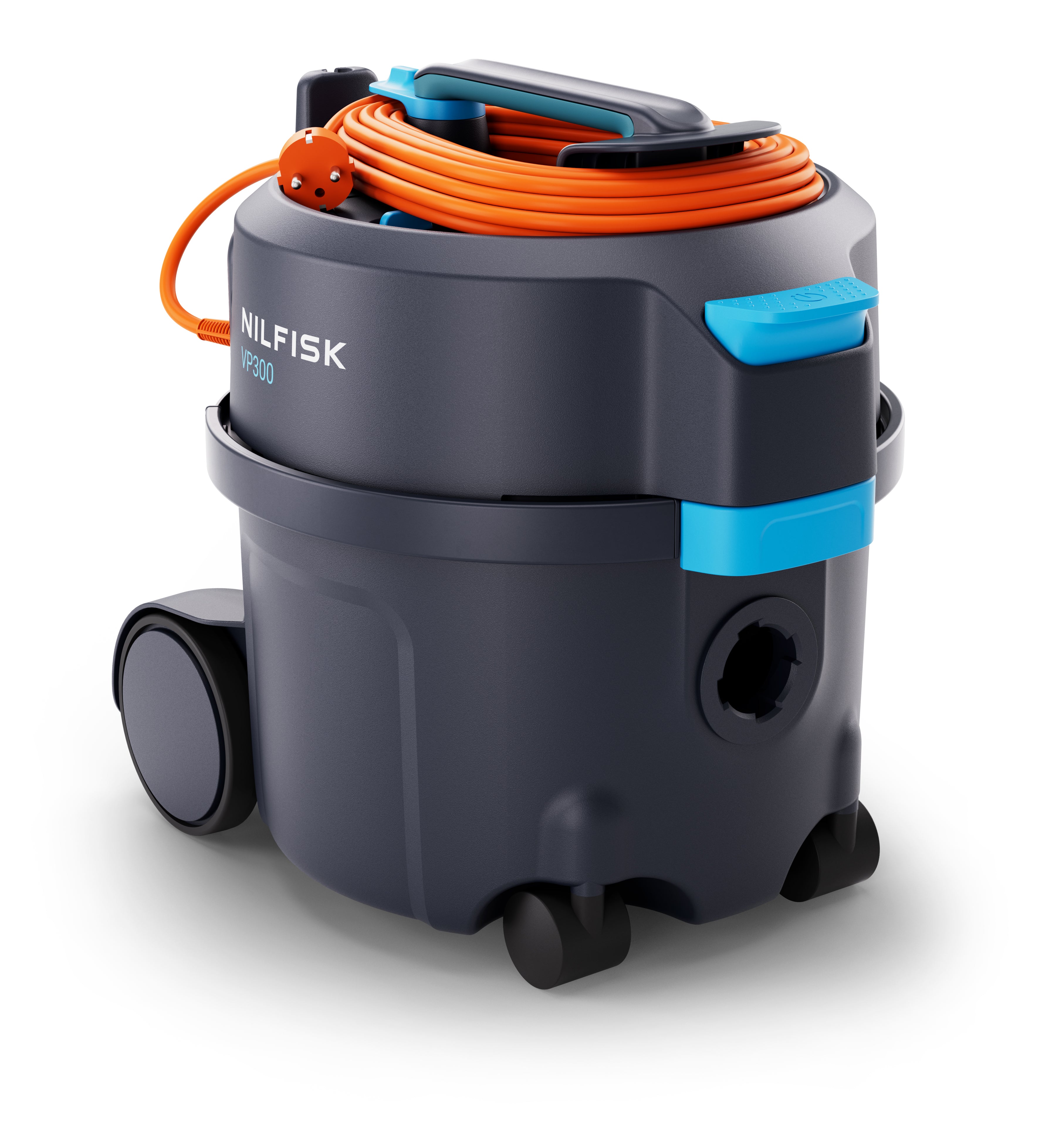 Angled view of Nilfisk VP300 showing compact design, hose connection, and mobility wheels