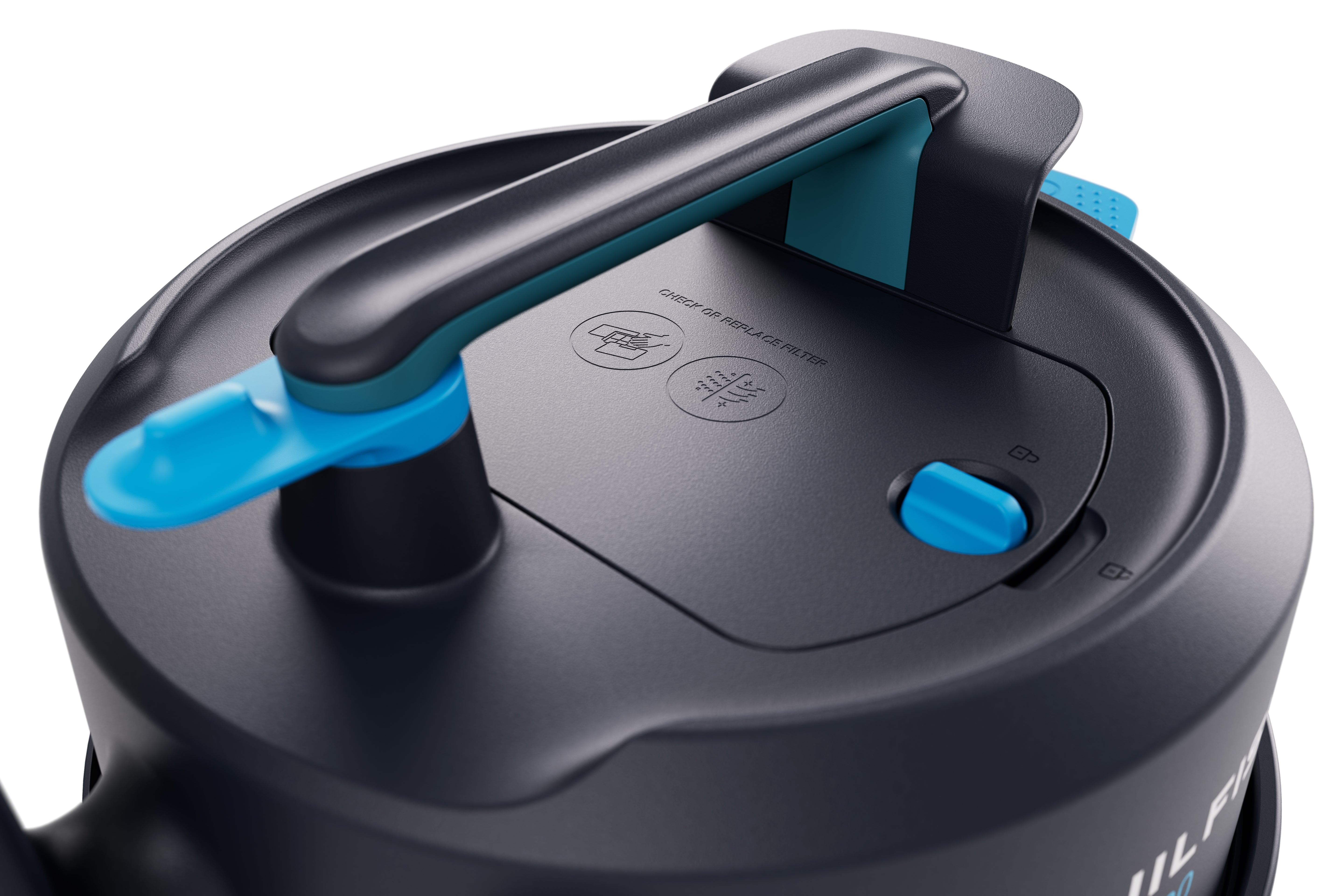 Close-up of Nilfisk VP300 ergonomic carry handle for easy transport during commercial cleaning