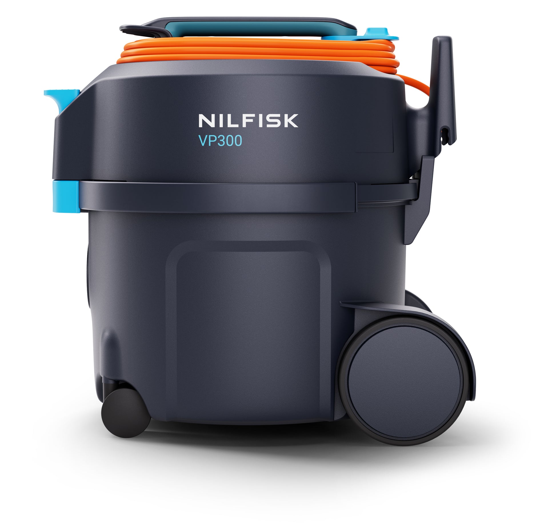 Side view of Nilfisk VP300 HEPA vacuum showing hose port and robust commercial-grade construction