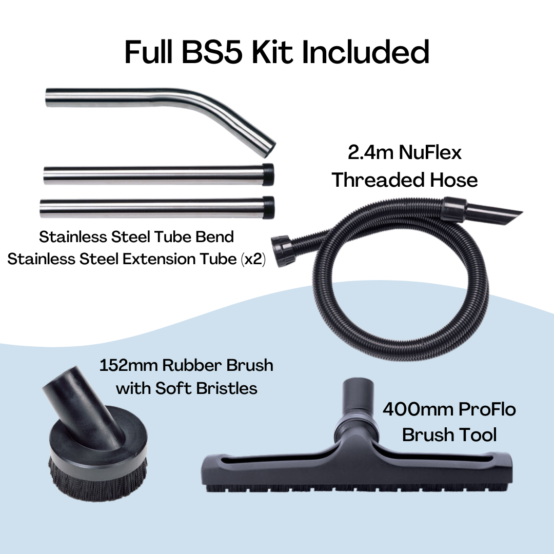Full Bs5 accessory kit included with the Numatic NTD750C cyclonic dust extractor