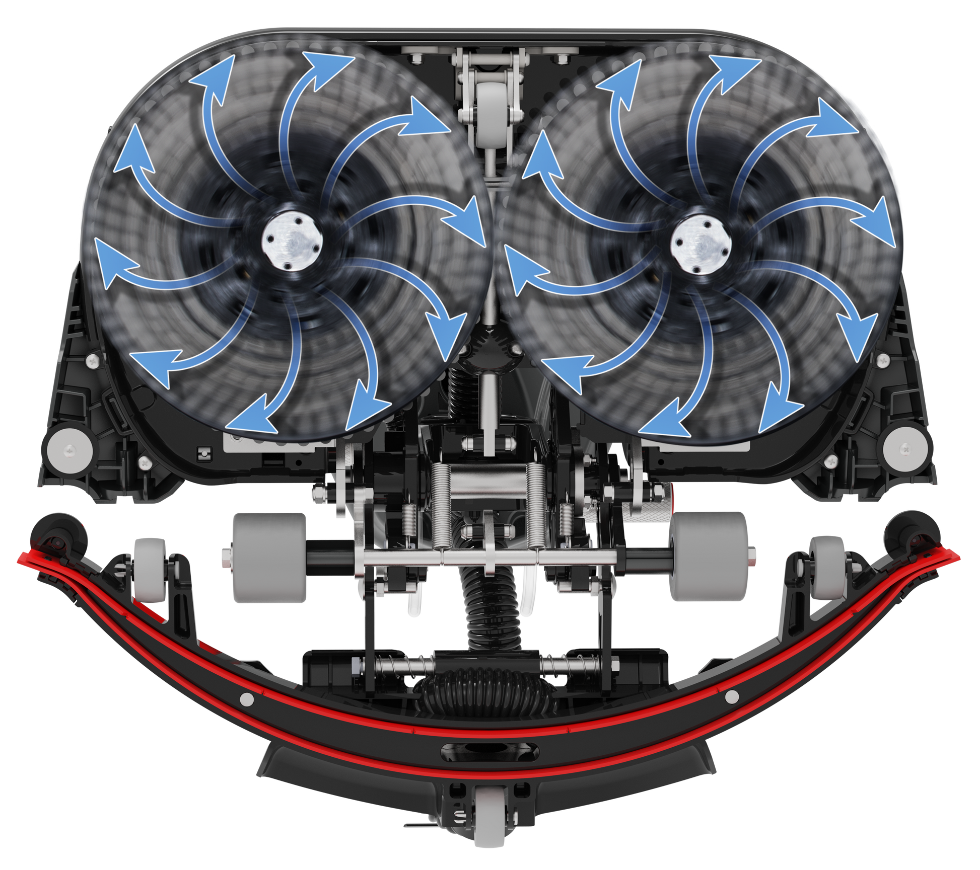 Bottom view of the Numatic 440NX showing dual counter-rotating scrubbing brushes