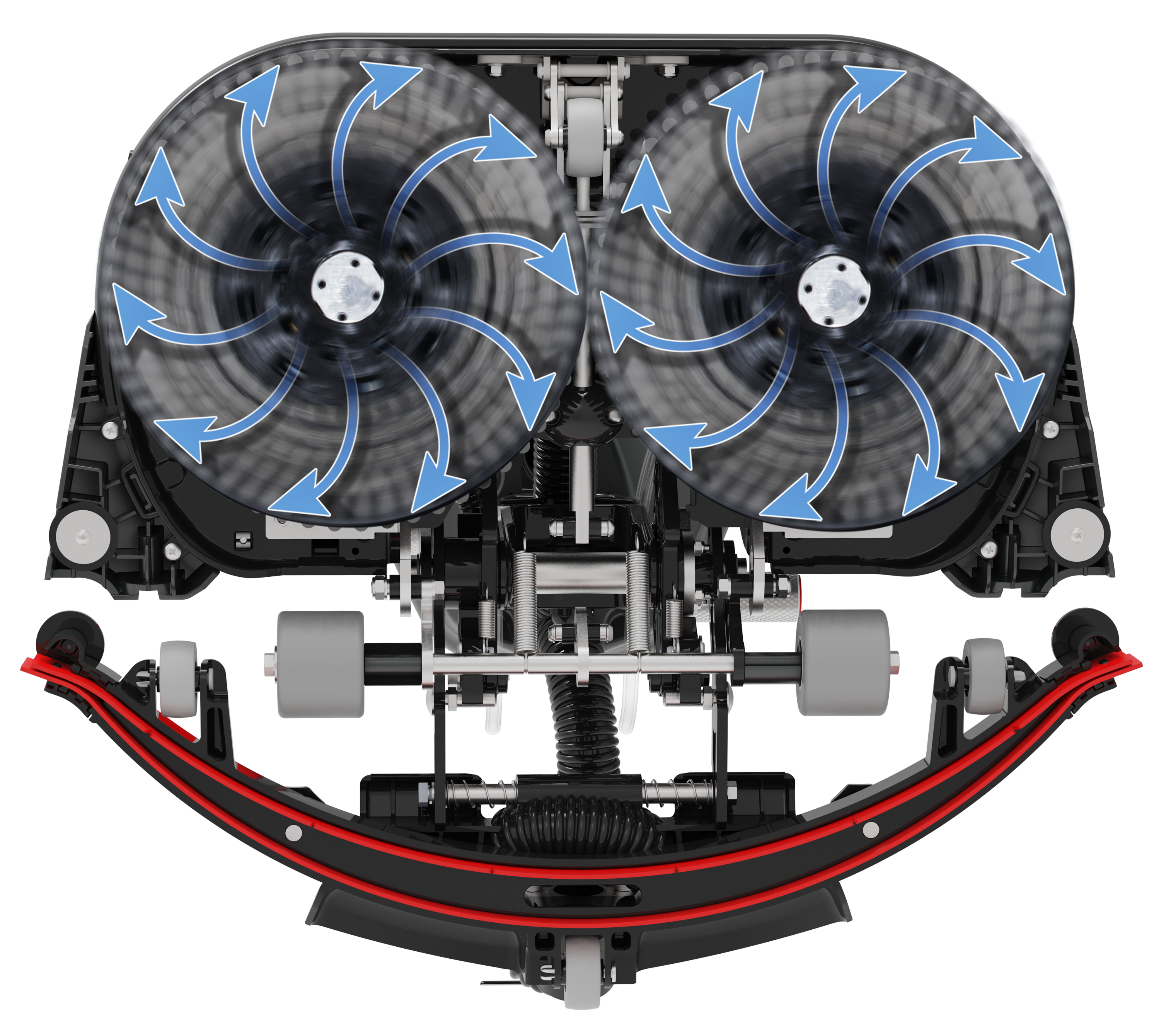 Bottom view of the Numatic 440NX showing dual counter-rotating scrubbing brushes