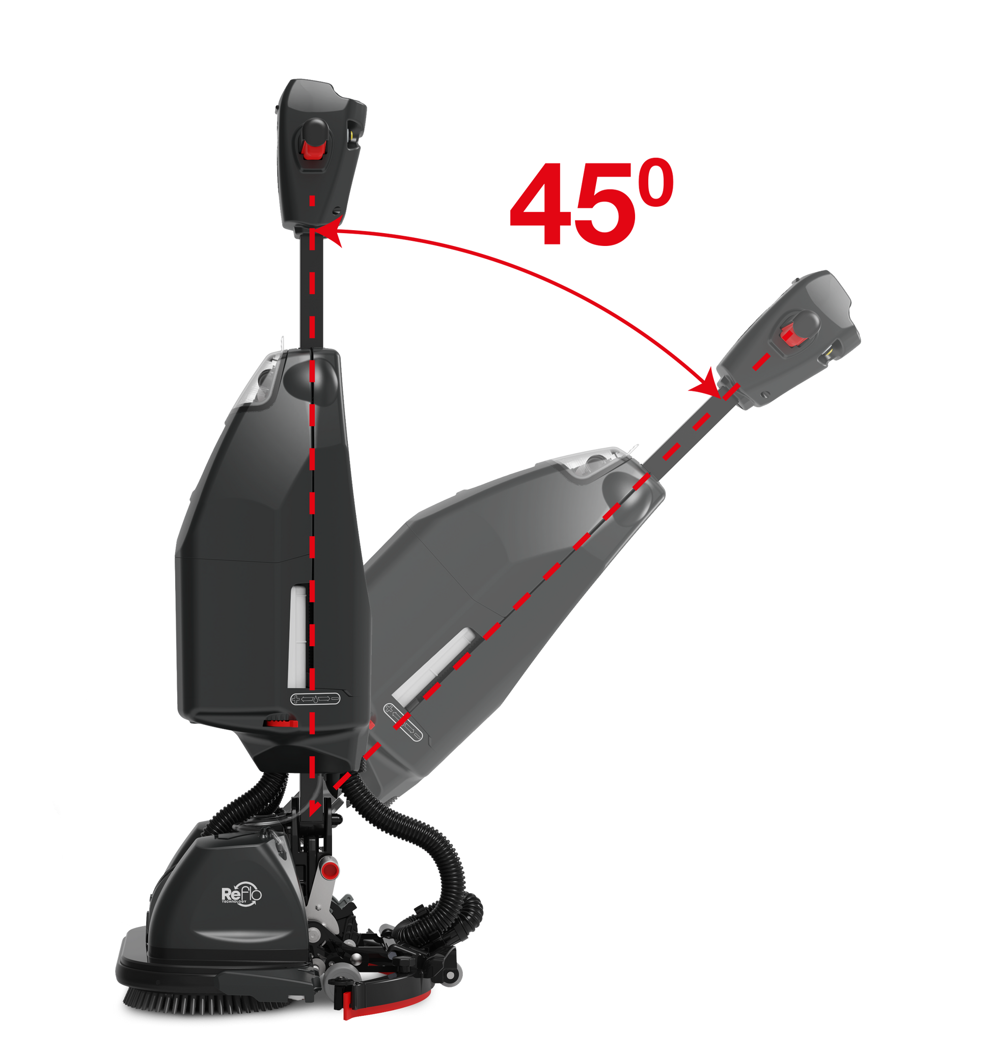 Numatic 440NX upright scrubber dryer with handle tilted to 45 degrees for manoeuvrability