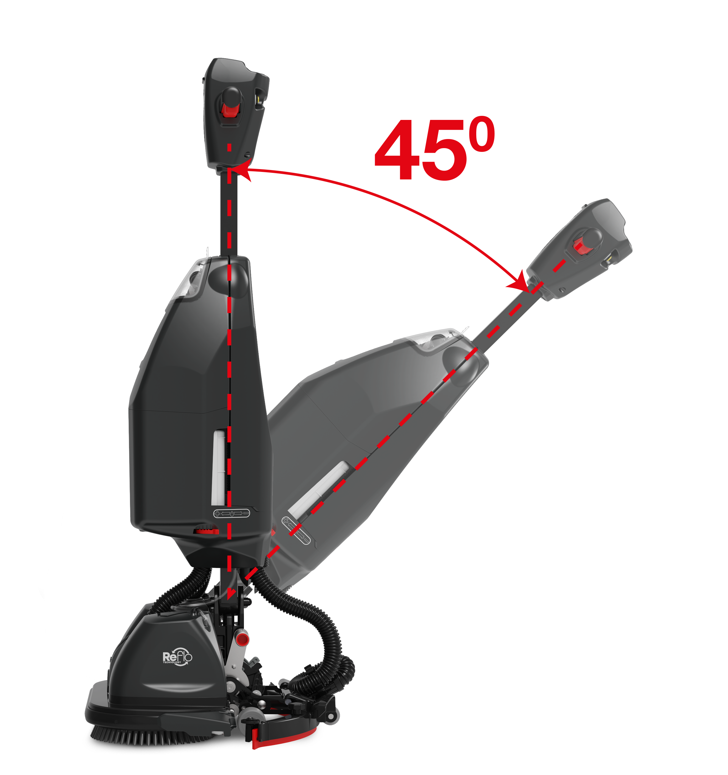 Numatic 440NX upright scrubber dryer with handle tilted to 45 degrees for manoeuvrability