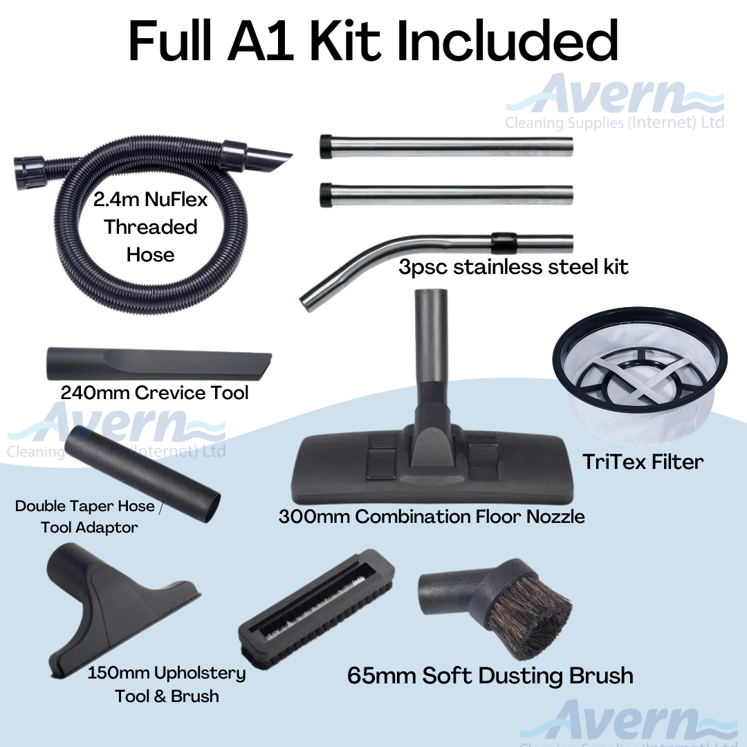 Numatic CRQ370 accessory kit including hose, stainless steel wands, filtration bags, and specialist clean room tools