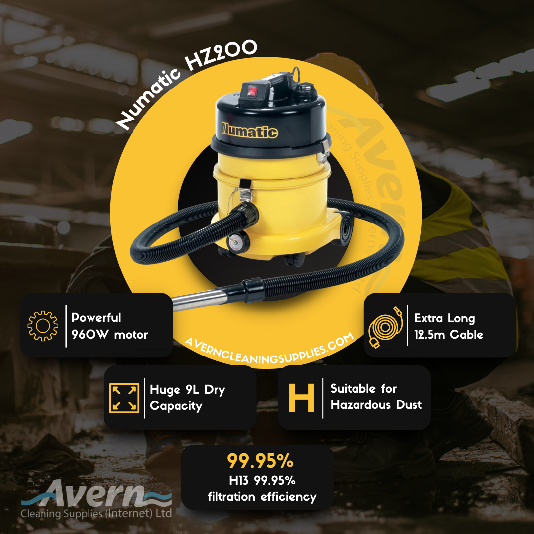 Numatic HZ200 infographic highlighting HEPA H13 filter, hazardous dust certification, and accessories