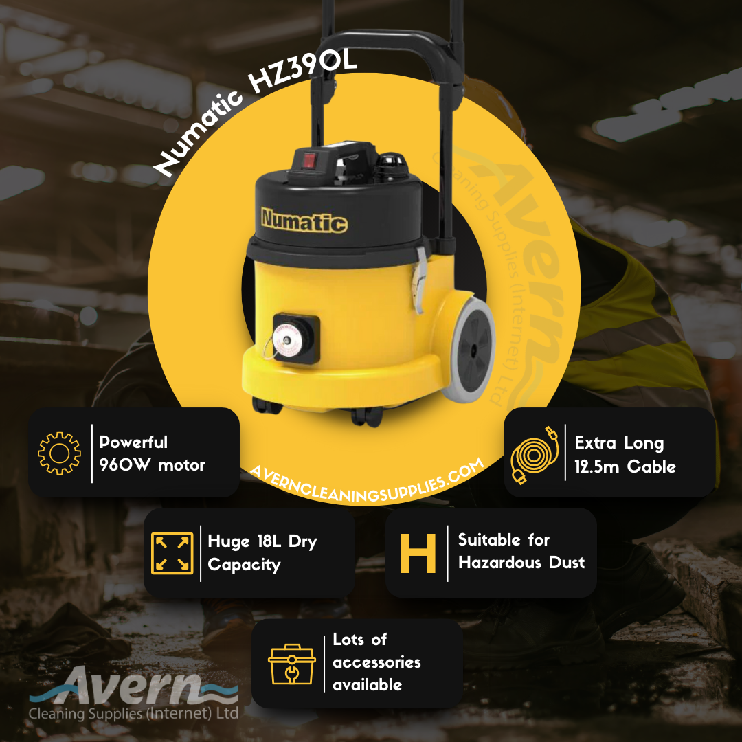 Numatic HZ390L promotional graphic highlighting HEPA filter, H-Class certification, and safety features