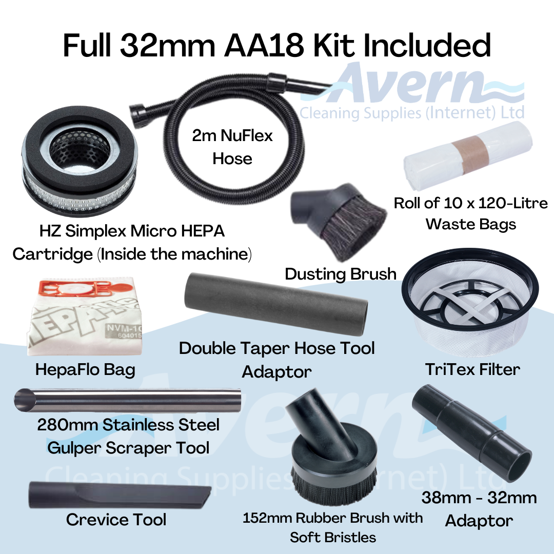 Numatic HZ900 accessory kit including 38mm hose, extension tubes, nozzles, and hazardous dust tools