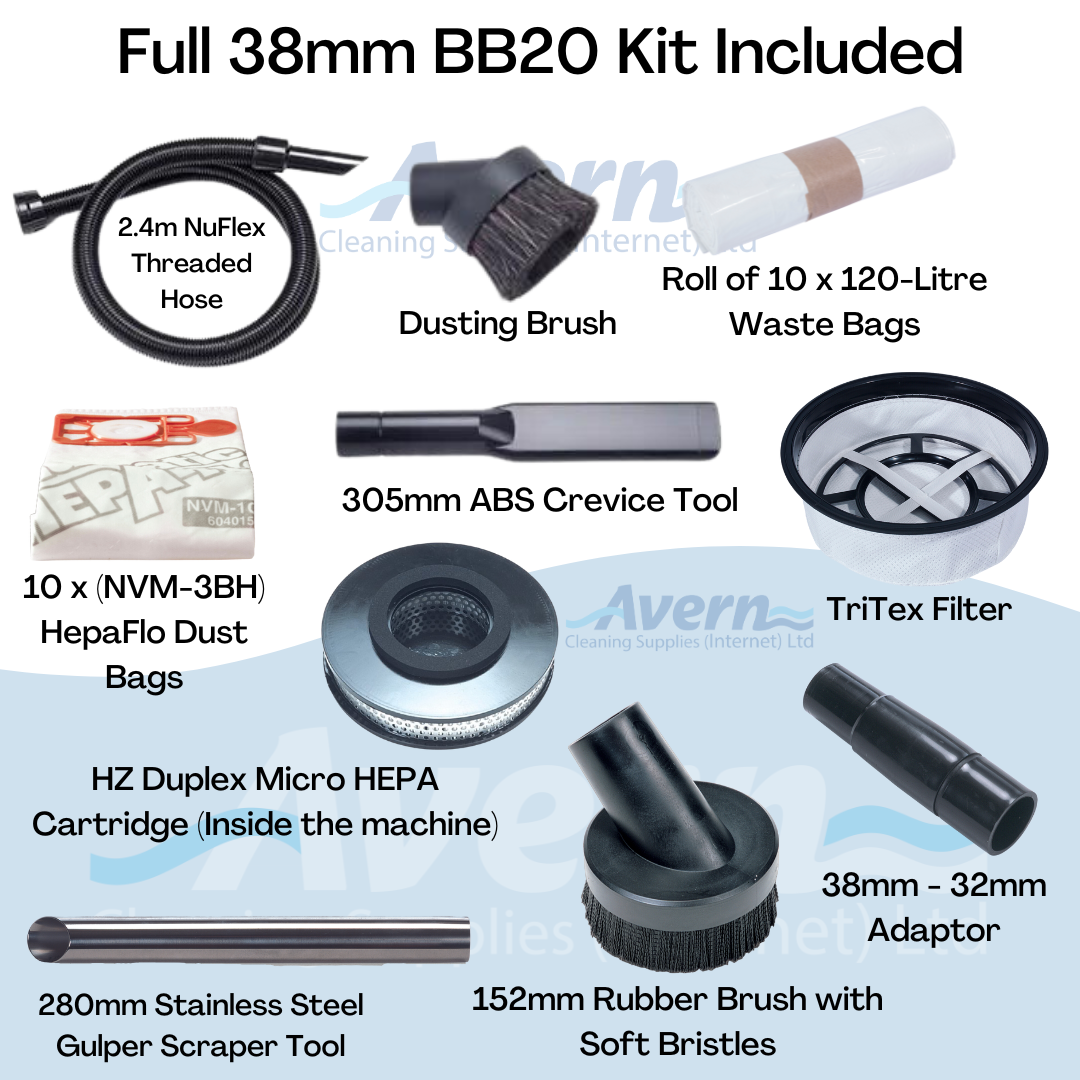 Numatic HZD570 accessory kit including 38mm hose, wands, nozzles, and specialist hazardous dust tools
