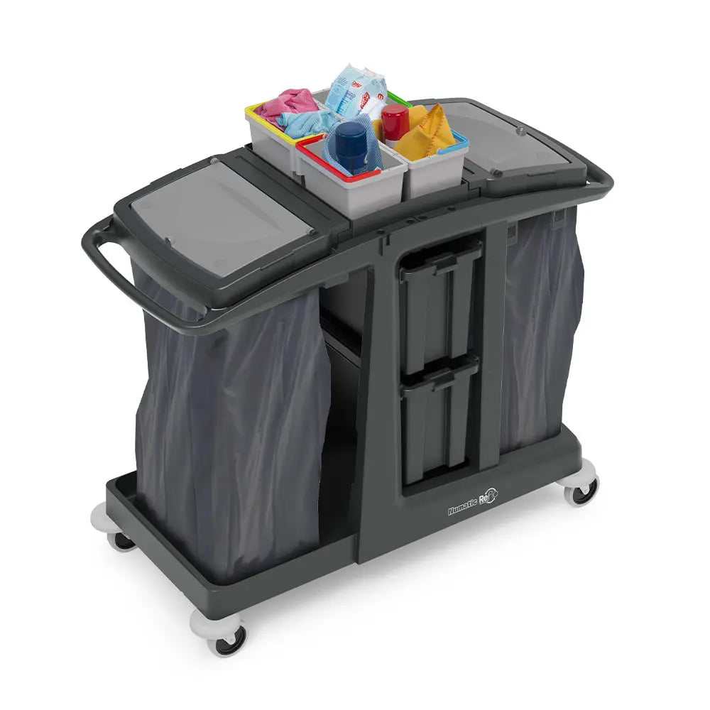 Front angled view of Numatic MM6 janitorial cart for housekeeping and contract cleaning