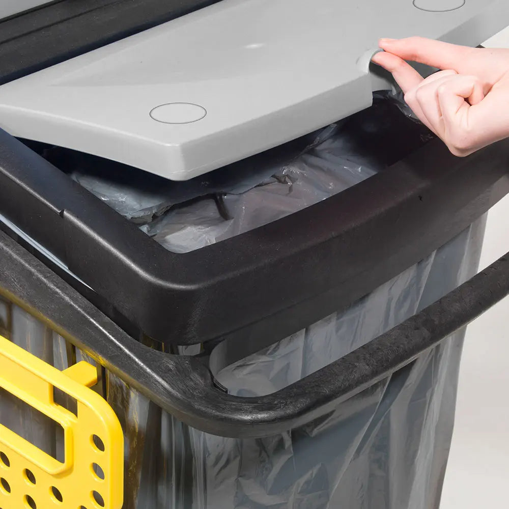 Close-up of Numatic MM6 trolley lidded top for secure storage of cleaning supplies