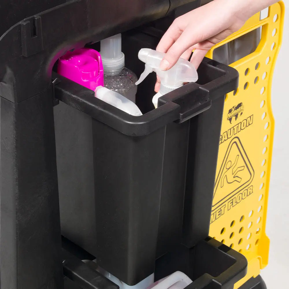 Top storage detail of Numatic MM6 mobile janitorial trolley with organised compartments
