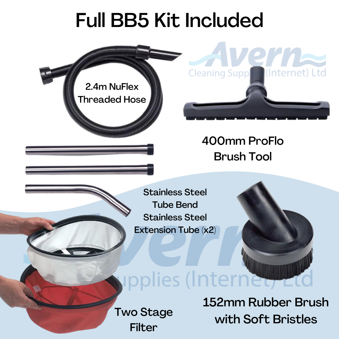 Accessory kit supplied with Numatic MV570 including hose, tubes, floor tool and filtration accessories