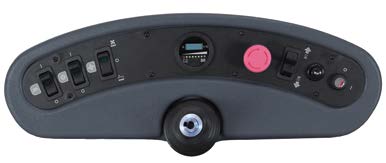 Control panel of Numatic NU12 TRS ride-on sweeper showing easy-to-use function buttons and steering controls