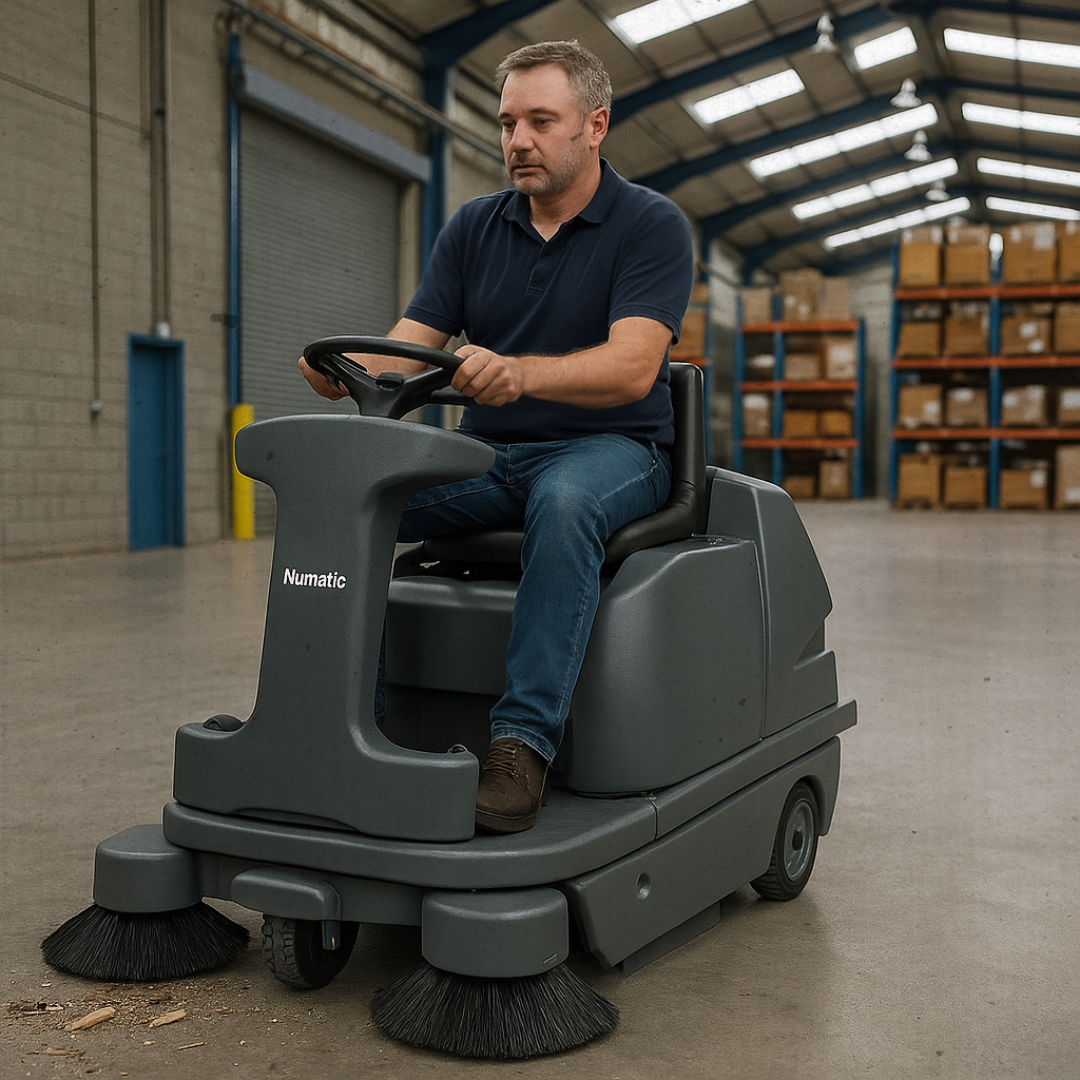 Operator driving Numatic NU12 TRS ride-on sweeper through warehouse aisles for large-area cleaning efficiency