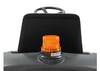 Rear view of Numatic NU12 TRS ride-on floor sweeper showing operator seat and safety beacon light