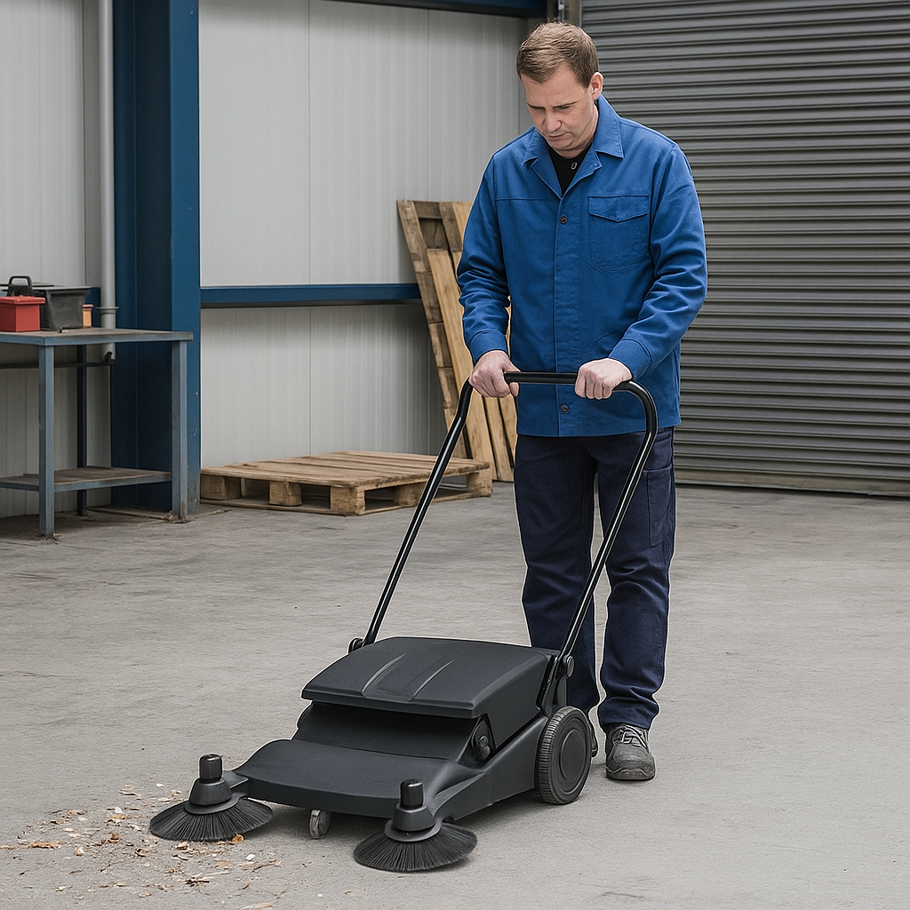 Worker operating Numatic NU3 sweeper to clean warehouse hard floors and walkways