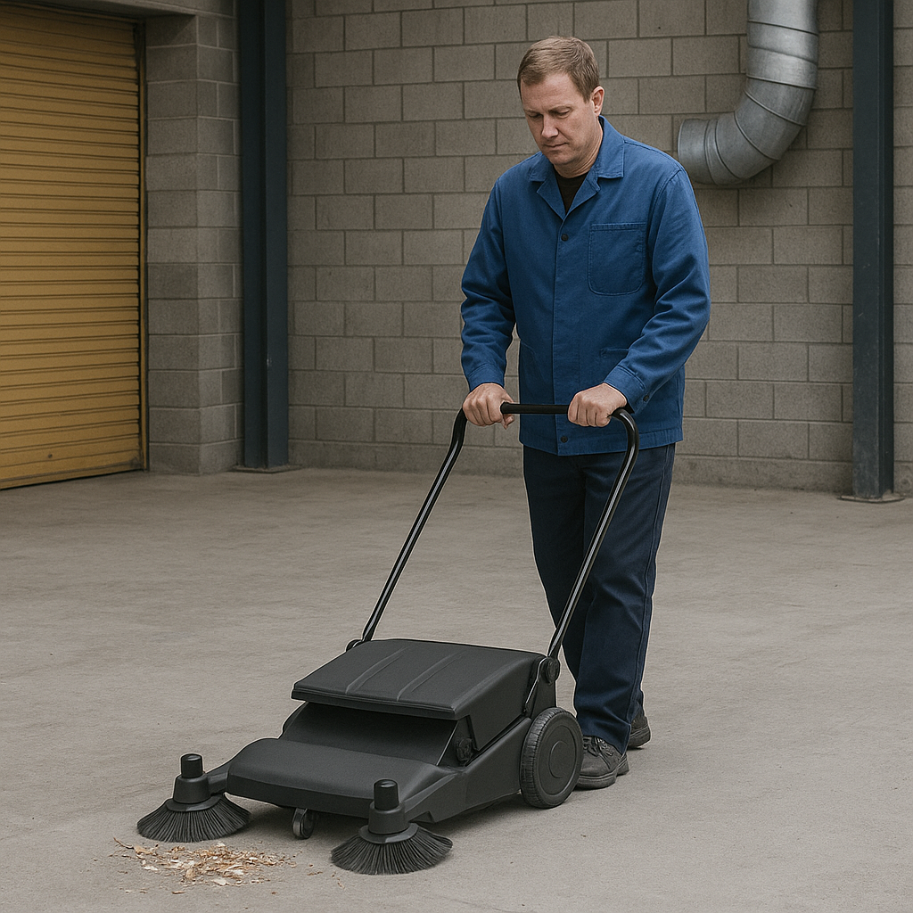 Operator using Numatic NU3 manual push sweeper for cleaning outdoor concrete and loading bay areas