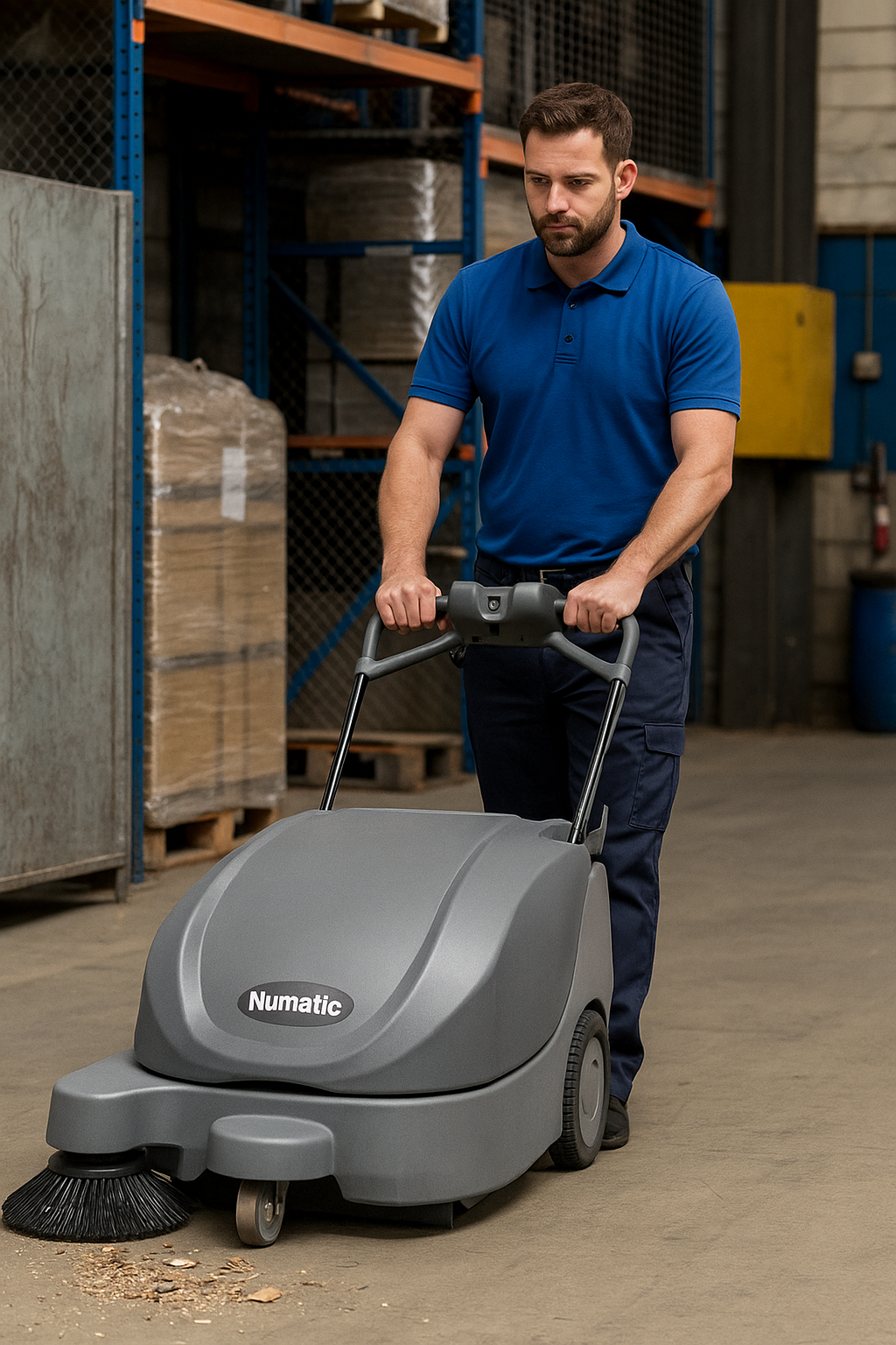 Operator using Numatic NU5 cordless sweeper for cleaning warehouse aisles and hard floors