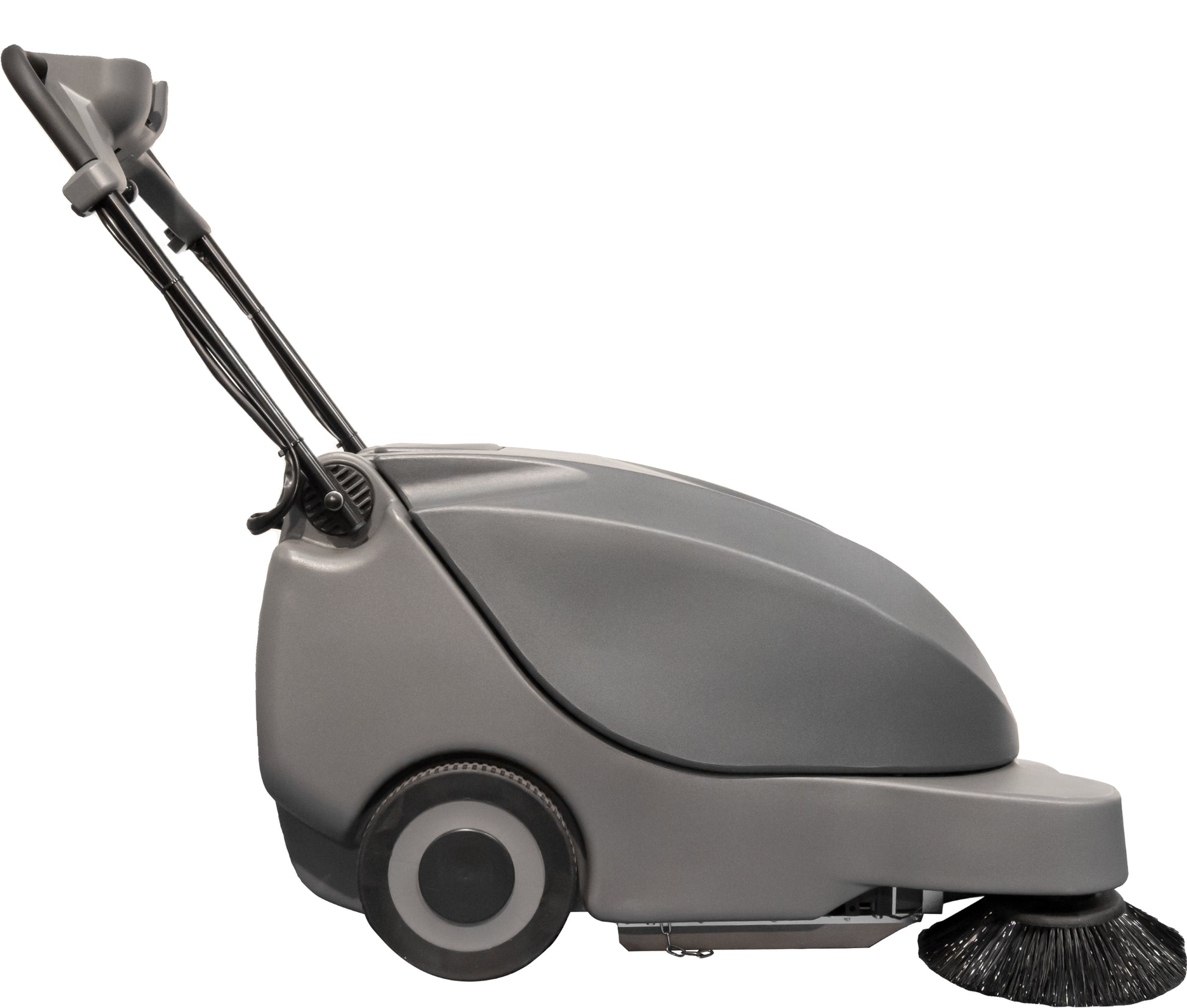 Side profile of Numatic NU5 cordless sweeper showing large front brush and compact design