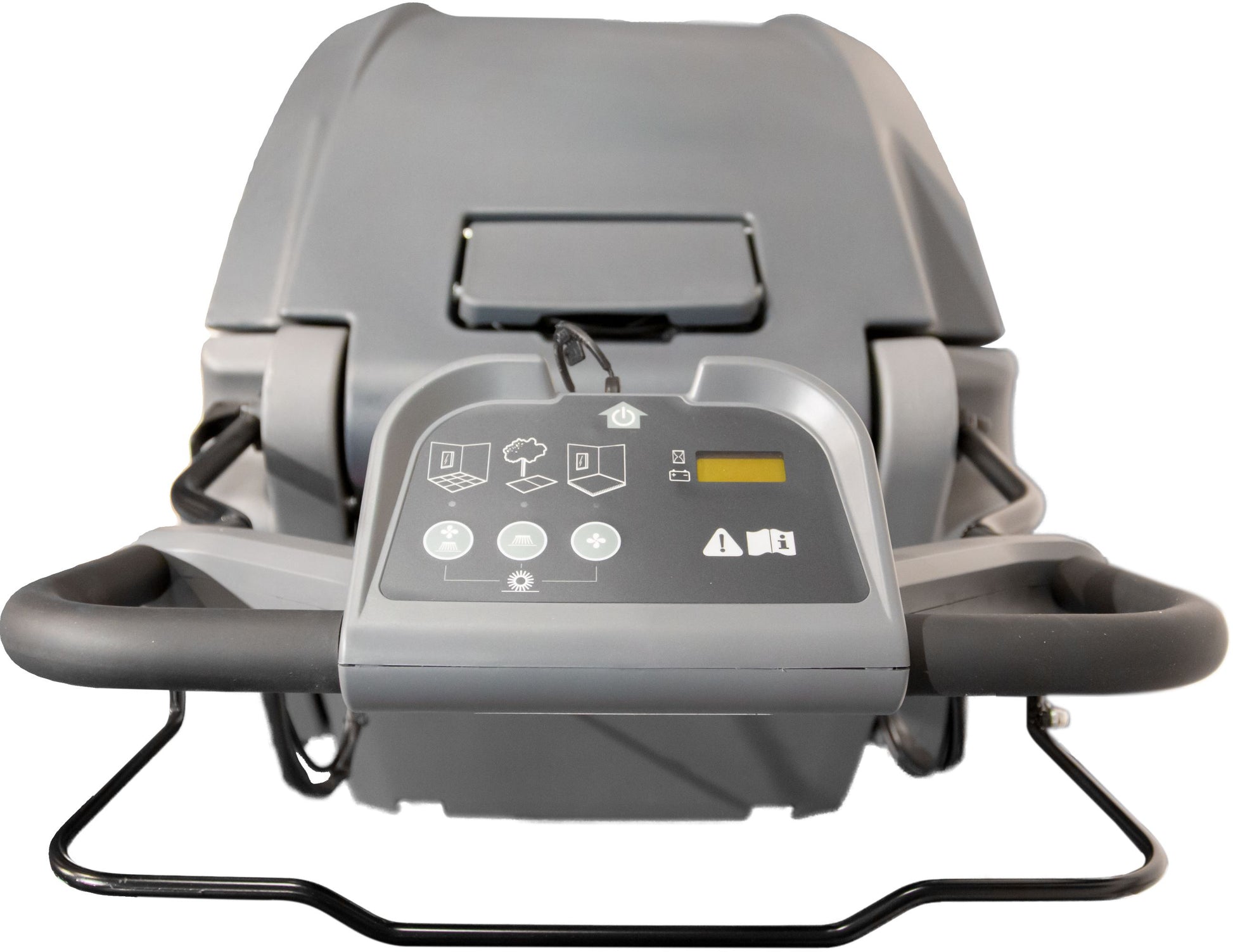 Front view of Numatic NU9 cordless floor sweeper showing user control panel and dual side brushes