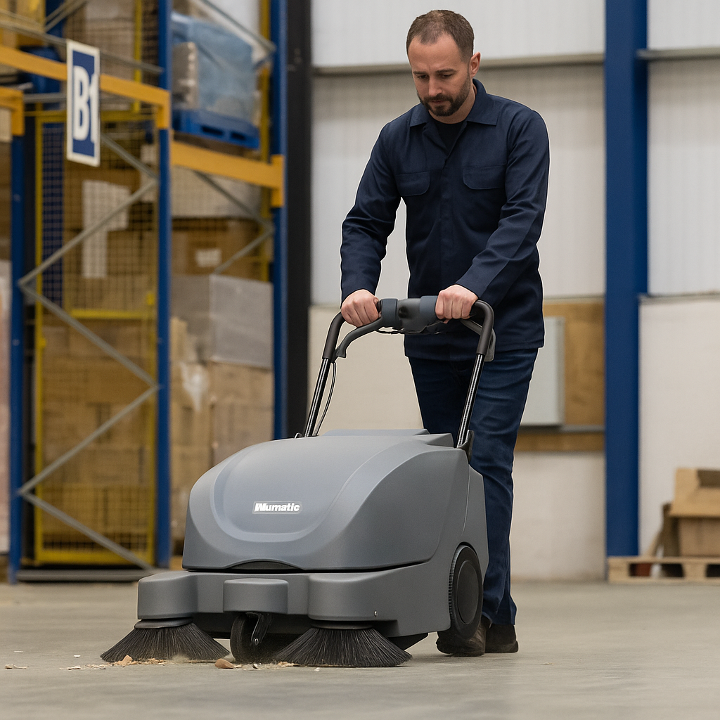 Operator using Numatic NU9 battery floor sweeper to clean warehouse flooring and hard surfaces