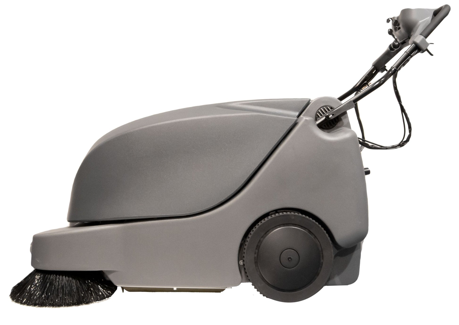 Side profile of Numatic NU9 battery-powered sweeper highlighting compact design and durable wheels