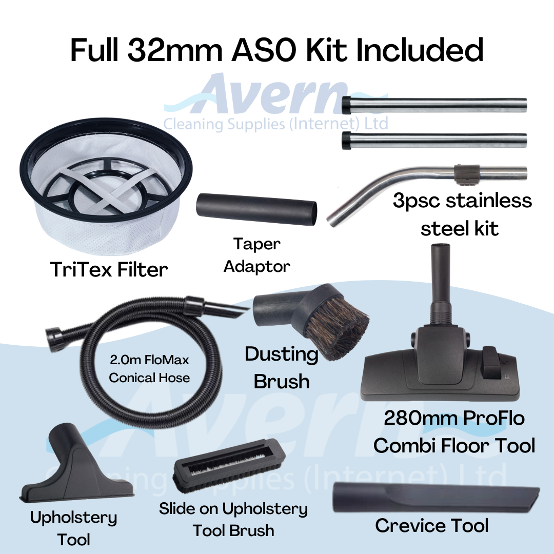 Accessory kit for Numatic PPH320 including hose, wands, nozzles, and cleanroom-safe filtration bags