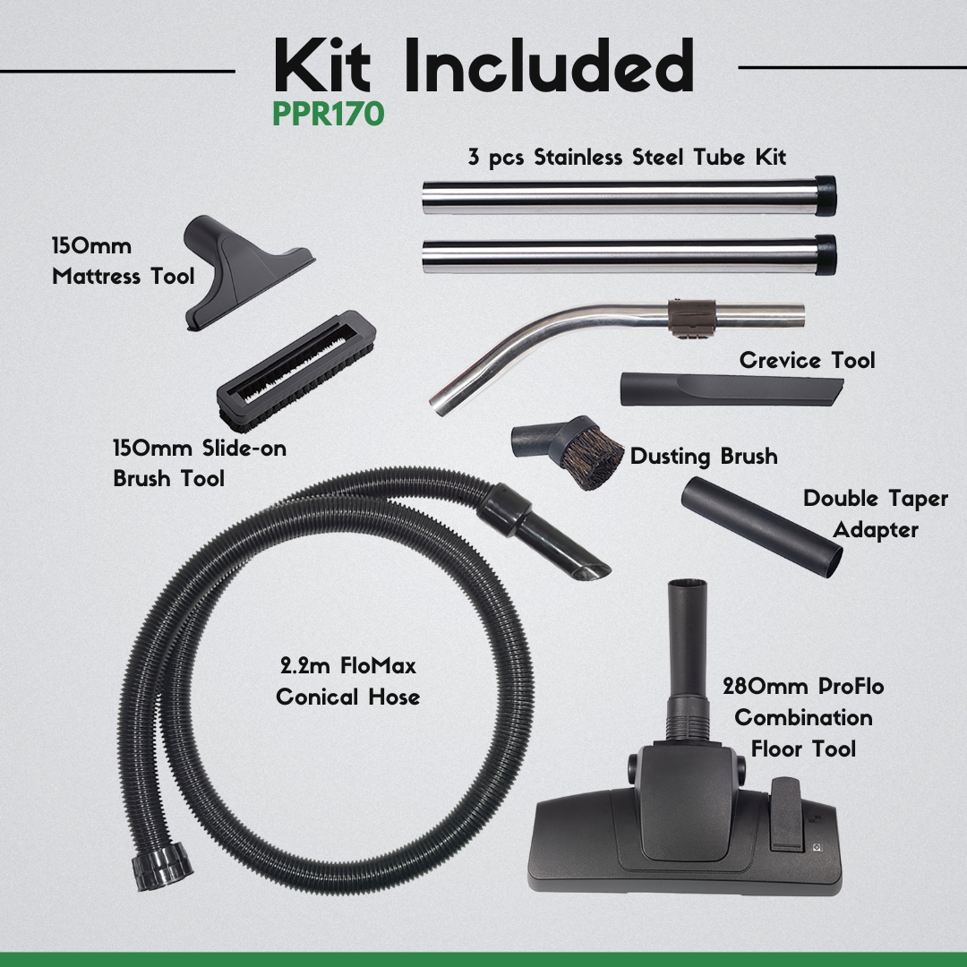 Numatic PPR170H vacuum accessory kit including hose, wand, floor tool, and professional cleaning attachments