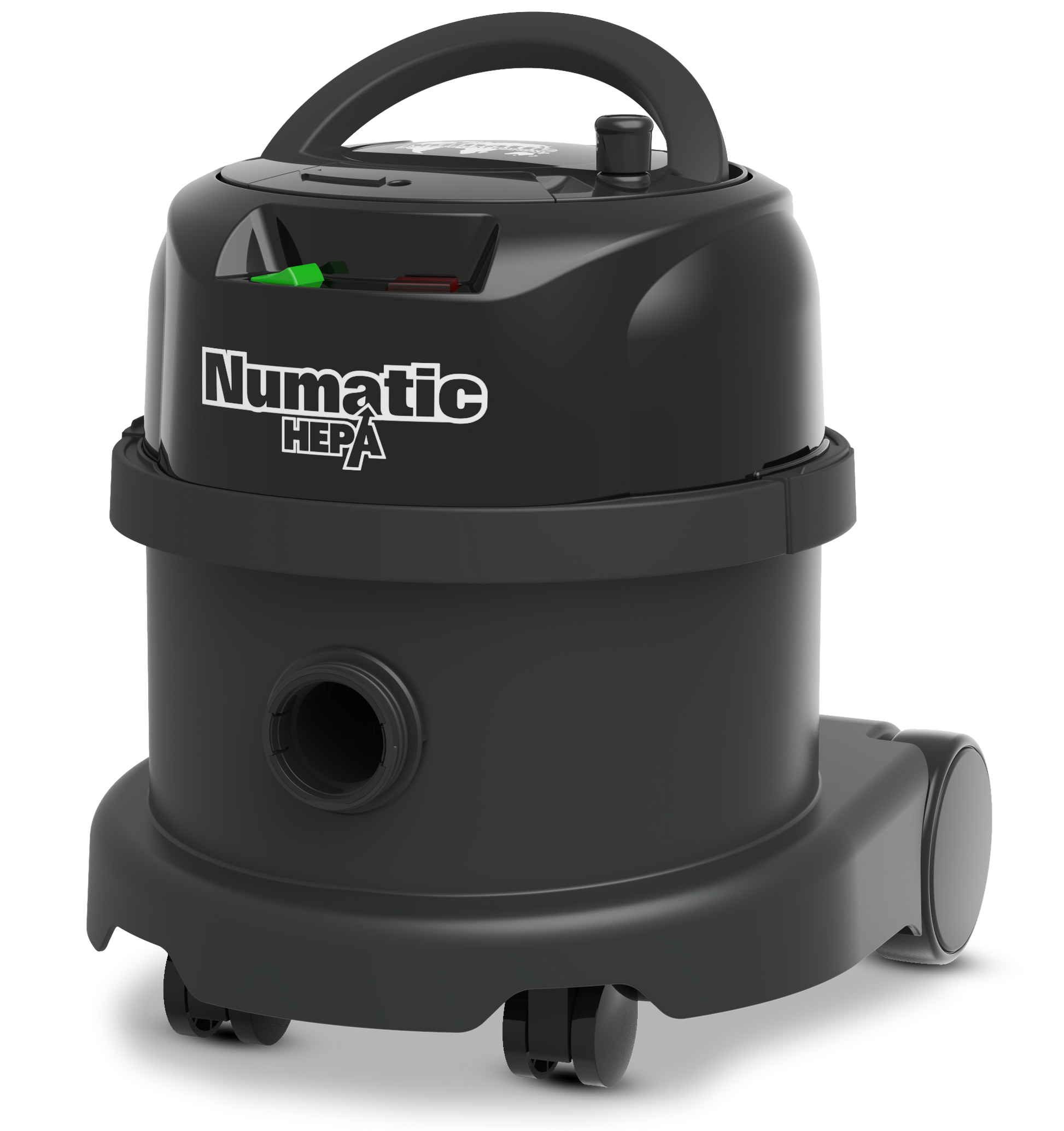 Side view of Numatic PPR170H HEPA H13 vacuum showing hose connection and mobility wheels