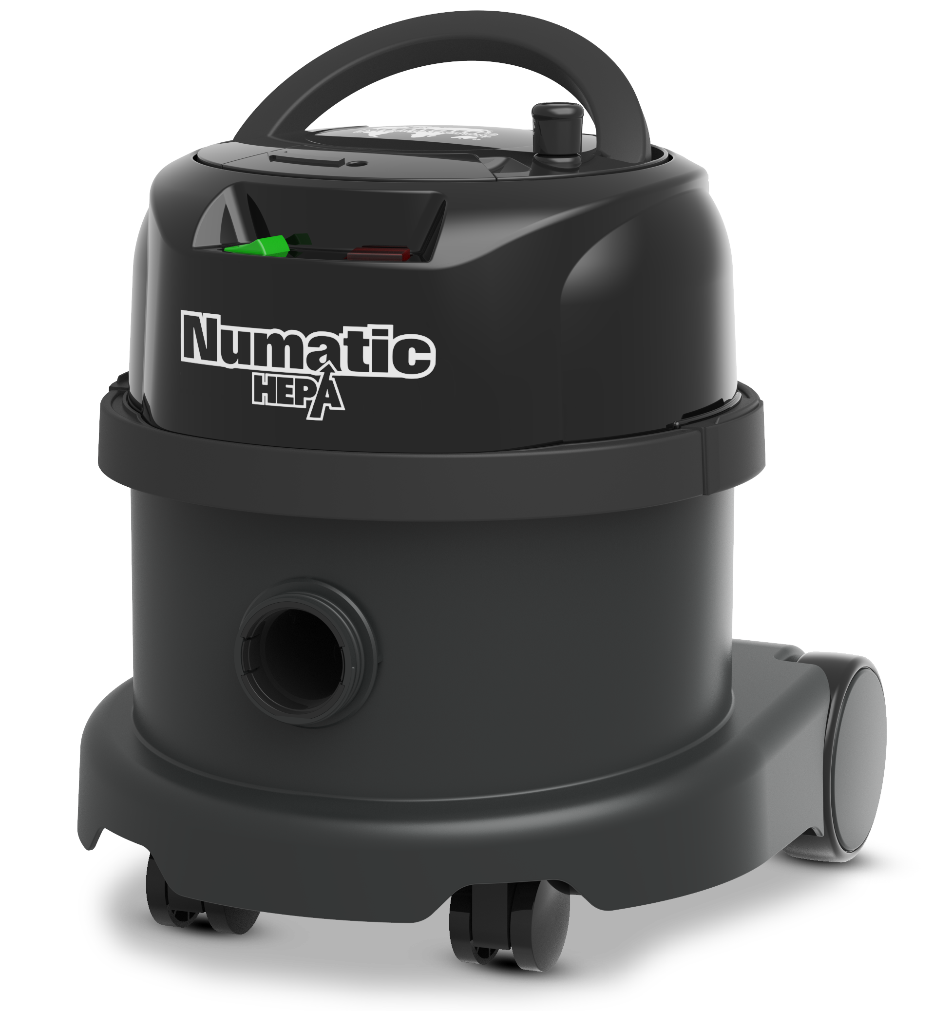 Side view of Numatic PPR170H HEPA H13 vacuum showing hose connection and mobility wheels